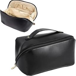Large Capacity Travel Cosmetic Bag, Leather Makeup Bag With Handle And Divider, Waterproof Cosmetic Bag, Portable Leather Toiletry Bag, Roomy Cosmetic Bag For Women & Girls(Black), 10 CM-image-81