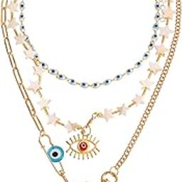 Necklace For Women Mixed Layered Chunky Gold Toned With Evil Eye Elephant Charm Beaded Star studded Neckchain For Women and Girls-image-22