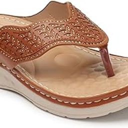 Women's Tan Orthopedic Wedge Slippers | Stylish Floral Cut-Out Design | Comfortable Doctor Slippers with Cushioned Support For Girls & Women-image-36