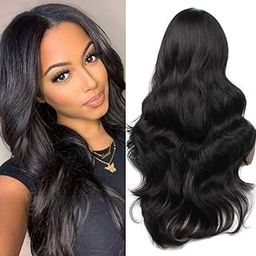 Long Black Wig for Women Natural Looking Glueless Wavy Curly Heat Resistant Synthetic Hair Wig Middle Parting-image-36