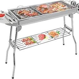 Livzing Foldable Charcoal Barbeque Grill Set for Home & Outdoor BBQ Grill Set for Camping Picnics Traveling with Storage Shelf and Hooks-Stainless Steel (barbecue grill set)-12
