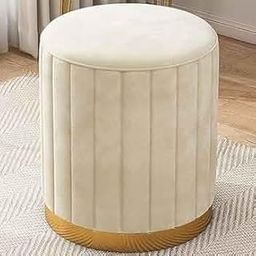 BULKWOOD Modern Round Flannel Material Ottoman Foot Rest Vanity Stool/Seat with Gold Metal Legs for Bedroom, Living Room Vanity Stool Padded Seat Rest Stool Side- Cream-image-42