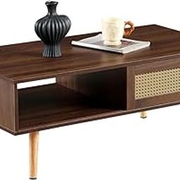 Syaggo Retro Walnut Coffee Table with Rattan Drawer & Open Shelf – Cocoa Wood Finish | Mid-Century Modern Living Room Table with Storage-image-51