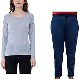 indiweaves Women Winter Wear Solid Cotton Full Sleeves T-Shirt and Fleece Warm Lower/Track Pants (Gray, Navy Blue, 36-M) Pack of 2-picture-22