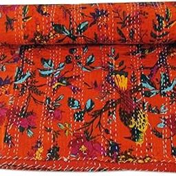 Fortune Creation Double Bed Katha Work Hand Stitched Double Thick bedsheets Bed Cover (Size: 90×108)-image-85