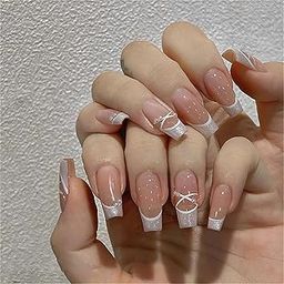 Gloss & Go 24 Reusable Artificial Fake Nail Set| Long Peach White And Silver With Diamond Cross Design| Lightweight & Long Lasting| Easy To Use| Quick Fix For Festivals & Special Occasions-2