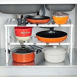 ABOUT SPACE Under Sink Storage Organizer Rack - 2 Shelves Stainless Steel Expandable Tawa Holder With Detachable Shelf & Rust Proof Steel Pipe For Kitchen (50cm to 70cm Adjustable Size) - Tiered Shelf-13