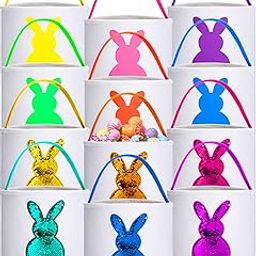 Jexine 12 Pcs Easter Bunny Basket Bags Bulk for Kids Gift Bucket Easter Eggs Hunt Basket with Handle Bunny Tote Bag Carry Bucket Rabbit Fluffy Tails Bags for Easter Party Decorations (Sequin Style)-image-22