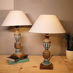 Homesake Signature Rustic Table Fluorescent Lamp Set Of 2, Farmhouse Living Room Bedroom House Bedside Nightstand Home Office Reading Light, (Trophy Distress Blue White Cone)-image-21