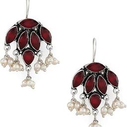 925 Silver Plated Stones Studded Cluster Pearls Dangle Hook Oxidized Earrings - Handcrafted Elegant Jewelry for Women-image-25