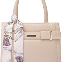 Ladies Structured Handbag with Floral Scarf, Brown Faux Leather, Top Handle-image-70