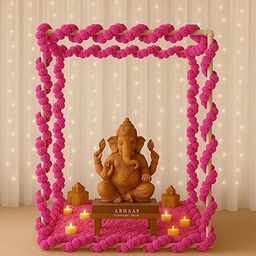 Abhaas Pooja Decoration Items for Ganesh Chaturthi Home Decor with Cubical Mandap Tent Pandal, LED Lights, Marigold Garlands, Backdrop Net Cutain with Ribbon, Hooks (Pink, 20X20X20In)-image-46
