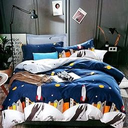 Spacecraft Cartoon Print Cotton ornament Double Bedsheet with 2 Pillow Covers for Kids, 90x100, Multicolour-image-97