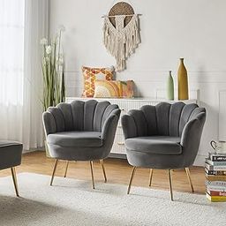 City Wood Palace Barrel Chair with Golden Legs Armchair, Modern Sturdy Arm Chair Durable Upholstered Chair Wooden Armrest Chair for Living Room Bedroom Hotel Reading (Set of 2 Chairs) (Grey)-image-32