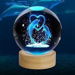 Blue Tick 3D Dolphin Crystal Ball Night Light with 16 Color LED & Wooden Base – Remote Controlled Gift Lamp-17