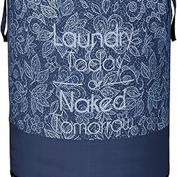 Kuber Industries Laundry Basket | 45 LTR | Non-Woven Round Laundry Basket | Clothes Storage Hamper | Foldable Laundry Bag with Handle | Toy Storage Basket | Flower-Print | Navy Blue-14