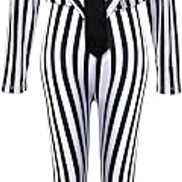 Women's Black White Vertical Striped Kit Include Blazer Length Pant with Tie-19