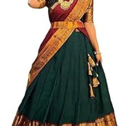 Womens Stylish Kalamkari Pattern Golden Zari Woven Border Silk Blend Lehenga Choli Set For Women (Unstitched)-picture-17