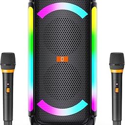 JYX Karaoke Machine with 2 UHF Wireless Microphones,Portable Microphone Speaker Set Bluetooth 5.0 Rechargeable PA System with TWS,FM, REC-2
