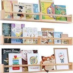 birola Nursery Book Shelves for Kids Rooms - 32 Inches Floating Wall Bookshelves Set of 3, Space-Saving Nursery Shelves with Beads Design for Kids Room, Bedroom and Study Room(Natural)-image-34