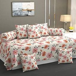 Slazie Premium Cotton Diwan Set 8 PCS|300 TC Fabric |1 Bedsheet (90x60 inch), 5 Cushion Covers (16x16 inch), 2 Bolster Covers (16x32 inch) |Vibrant Floral & Geometric Designs|Orange Petals-image-88