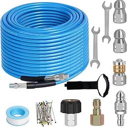 100 FT Sewer Jetter Kit for Pressure Washer, 5800PSI Water Jet Drain Cleaner Hose, 1/4 Inch NPT Corner with 4 Sewer Jetting Nozzles, Pearl Corsage Pin, Waterproof Tape, Handle Strap&2 Spanner (Blue)-image-11