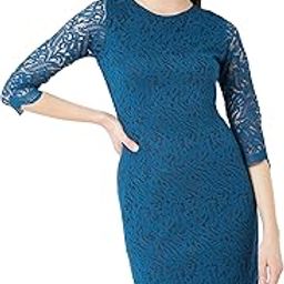 Women's Maroon Round Neck 3/4th Sleeve Self Design Lace Overlaid Knee-Long Dress-image-2
