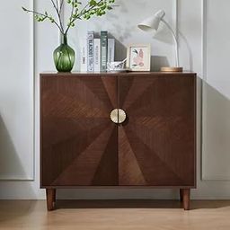 The DIQSHCET Modern Walnut Brown Storage Cabinet with Chevron Pattern – 2-Door Stylish Gold Hardware, Elegant Accent Cabinet for Living Room-image-22