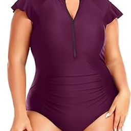 Plus Size Swimsuit for Women Tummy Control One Piece Bathing Suits Frill Sleeve Zipper Rash Guard Swimsuits, Purple, 16 Plus-picture-3