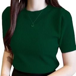 Plain Round Neck Rib Knit Regular Top for Women-image-36