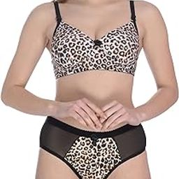 Women Padded Set Cotton 4 - Way Lycra Stretchable Tiger Print Non Wired Full Coverage, Push up, Teenage, Regular, Comfortable, Pack of 1 Black, Cup- B-99