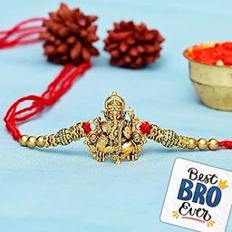 eCraftIndia Golden Religious Designer Ganesha Rakhi with Red Thread and Roli Chawal Pack and Best Bro Ever Fridge Magnet - Rakhi for Brother, Bhaiya, Bhai-16