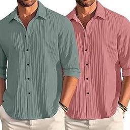 Combo of Men's Casual Button Down Shirts Long Sleeve Linen Shirt Fashion Textured Beach Summer Shirt Pack of 2-picture-2
