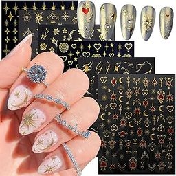 Gold Nail Art Stickers, Sun Moon Stars Heart Line Flower Nail Self-Adhesive Sticker Design, 3D Gold Nail Transfer Decals for Women Girls Charms, DIY Nail Art Decal (D23)-56