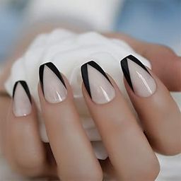 Secret Lives Press On Nails Designer Reusable Artifical Nails Extension Nude Color With Black Edges Fake Nails Design 24 Pieces Set With Kit-28