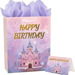PrintGuru 13” Large Happy Birthday Gift Bag with Tissue Paper, Greeting Card and Ribbon Handles for Women Girls Kids Birthday, 10.2”W x 13” H x 4.9” D (Fairytale Castle, Pink and Purple, Pack 1)-7