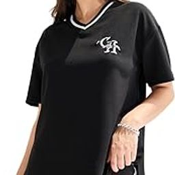 styli Women’s Textured Jersey T-Shirt | V-Neck Tee with Contrast Neck Rib & Satin Embroidery | Casual Comfy Wear for Women & Girls-picture-3