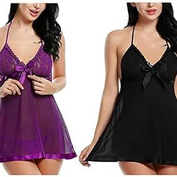 Women’s Net Lace Babydoll Lingerie Set of Midi/Nighty/Nightgown with Penty, Sexy Sleepwear Sling Dress Free Size (28-36) Inches-image-89