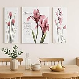 (KAVYANSHDECOR) Dream Floral Wall Art Set with Motivational Quote|3 Panel Botanical Canvas Painting for Home Décor| Elegant Pink Flowers & Potted Plant Display| Size (12 x 4.5 x 4.5 Inch)-image-2