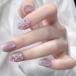 Secret Lives Cats Eye Reusable Artificial Purple Color with Silver Glitter & 3D Stone Design Fake Press on Nails 24 Pieces Set with Kit-4