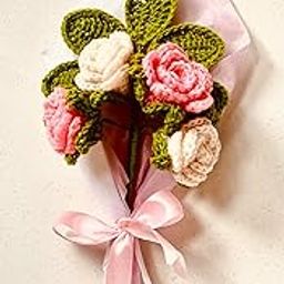 Handmade Crochet Flower Bouquet, Pink and Baby Pink Roses with Green Leaves-image-52