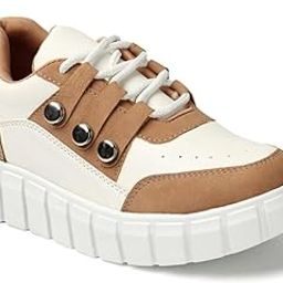 Women's Platform Sneakers with Metallic Buttons, White and Tan, Chunky Sole-picture-21