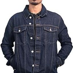 Men Solid Dark Blue Tailored Denim Jacket with Side Pockets-image-42