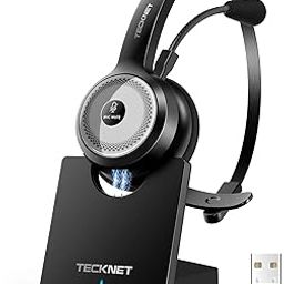 TECKNET Bluetooth 5.0 Wireless Headset with AI Noise Cancelling Microphone and Charging Base for Laptop, On Ear Bluetooth Headphone Telephone Headset for PC, Cell Phone, Skype, All Day Battery Life-0