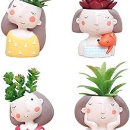 Cute Girls Flowerpot Animal Resin Succulent Planter Desk Mini Ornament (4pcs Girls Combination), Red-image-7