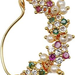 SHREE ART Gold Plated Clip-On Nose Ring, Multicolour Stone Pearl Nath, Traditional Maharashtrian Wedding Jewellery-image-16