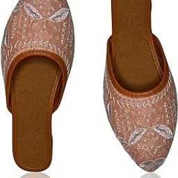 Women's Embroidered Slip-On Slipper, Formal Flats | Brown with Silver Thread Work Sandal (Canvas)-image-28