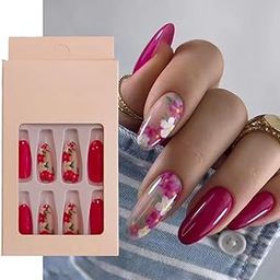 S.A.V.I Pink & Nude Floral 24pc Fake Nails Set - Long Round, Press-On with Adhesive Tabs & Glue-picture-56