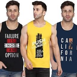 Men's Sleeveless Gym Tank Top | Dryfit Round Neck Printed Sando/Baniyan for Workout and Casual Wear | Muscle Vest for Gym, Beach & Casual Tshirt Men Ganji | Multicolor_Pack of 3-13