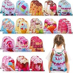 Talltalk 32 Pack Ice Cream Themed Party Favor Bags Candy Drawstring Bags Ice Cream Pattern Bags Drawstring Backpack for Kids Birthday Wedding Party Decorations, 16 Styles, 11.81 x 9.84 Inches-image-22